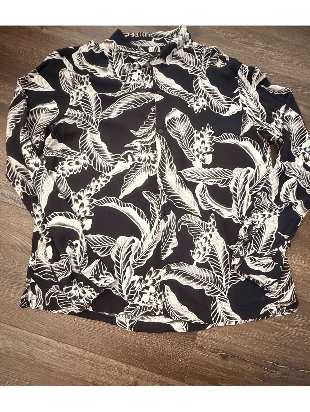 Allsaints Kahuna Monochrome Hawaiian Shirt, Long Sleeve Button Up, XXL